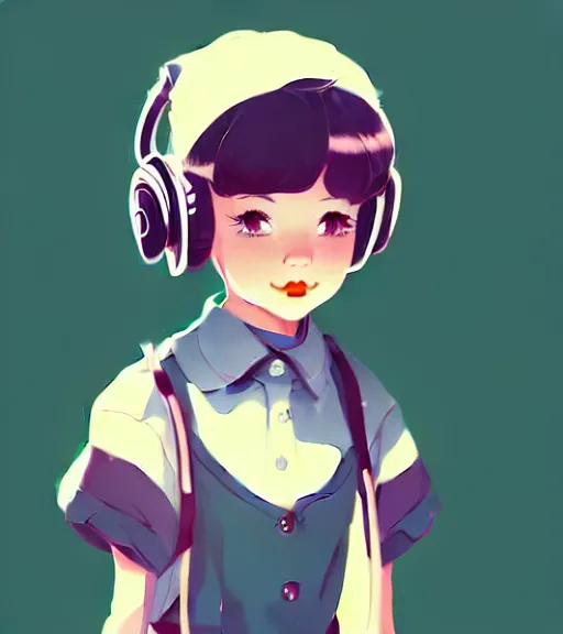 Image similar to beautiful little girl character inspired by 9 0's fashion and by madeline from celeste, art by rossdraws, wlop, ilya kuvshinov, artgem lau, sakimichan and makoto shinkai, concept art, headphones