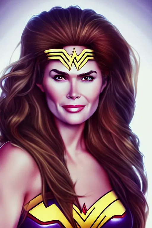 Image similar to portrait of a mix of beautiful young maria shriver, mariel hemmingway, brooke shields and elle macpherson as wonderwoman, thin lips, hair tied up in a pony tail, colorful artstation, cgsociety