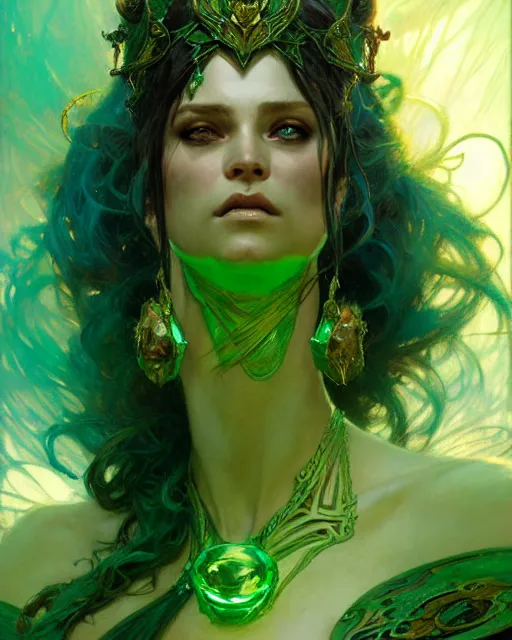 Image similar to emerald enchantress, fantasy character portrait, ultra realistic, concept art, intricate details, highly detailed by greg rutkowski, gaston bussiere, craig mullins, simon bisley, alphonso mucha