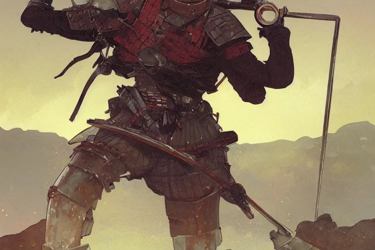 Image similar to close up of a wounded samurai in full armor on a battlefield, dusk, by fiona staples, range murata, alphonse mucha