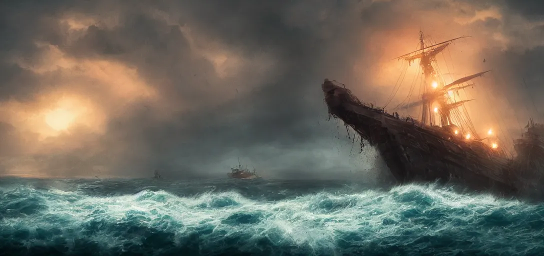 Image similar to wild ocean, ship gets pulled down by giant kraken, rainy night, dramatic lighting, cinematic, establishing shot, extremly high detail, foto realistic, pirates of the carribean, cinematic lighting, post processed, concept art, artstation, matte painting, style by studio ghibli, mysazaki