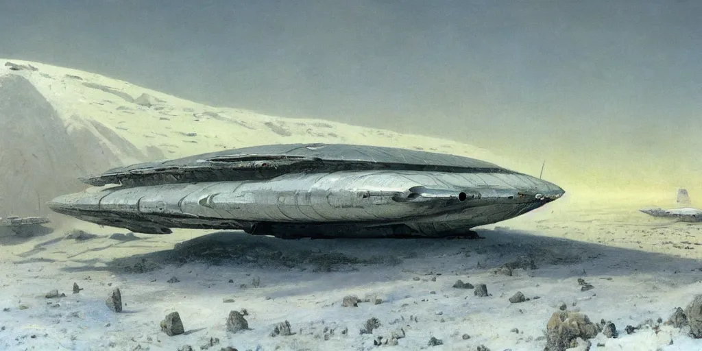 Image similar to Fernand Khnopff white giant spaceship starship battlestar airship in center on tansy wormwood field, snowy mountain afar by Fernand Khnopff by john berkey, oil painting, concept art