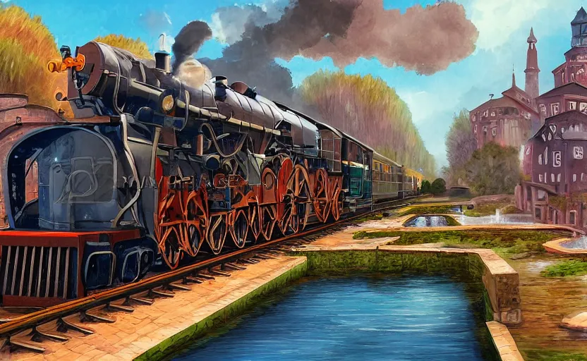 Image similar to A steam locomotive rides along of a waterway on a fantasy city. Fantasy and concept art, colorful digital painting.