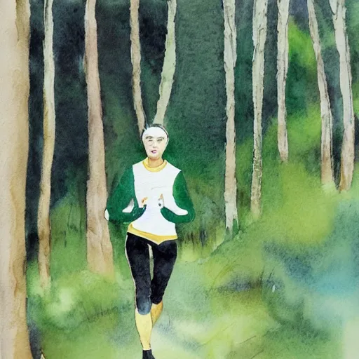 Image similar to a female orienteer wearing a green long - sleeved shirt and black tights runs in the forest, watercolor on canvas.