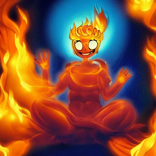 Image similar to fluffy strange popcorn elemental spirit manga character with a smiling face and flames for hair, sitting on a lotus flower, clean composition, symmetrical