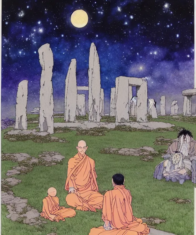 Image similar to a hyperrealist studio ghibli watercolor fantasy concept art. in the background is a giant long haired grey witch in lotus position sitting on top of stonehenge with a starry sky in the background. in the foreground is a group of tiny monks are on their knees. by rebecca guay, michael kaluta, charles vess