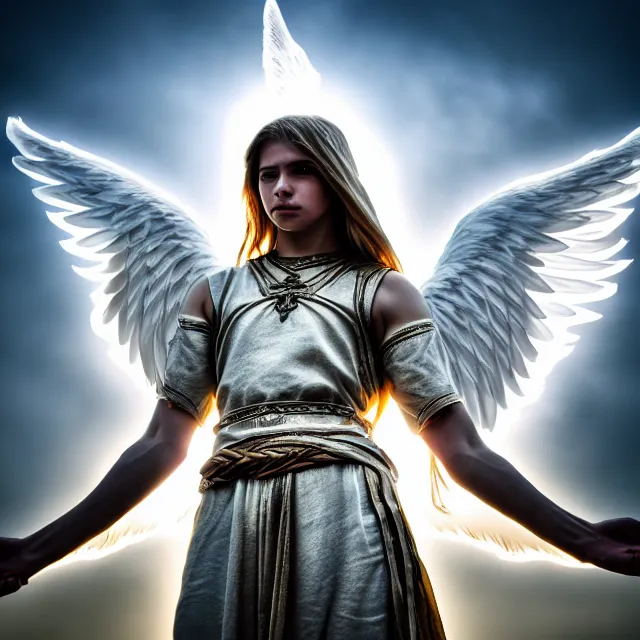 Image similar to photo of a beautiful angelic warrior with light powers, highly detailed, 4 k, hdr, smooth, sharp focus, high resolution, award - winning photo