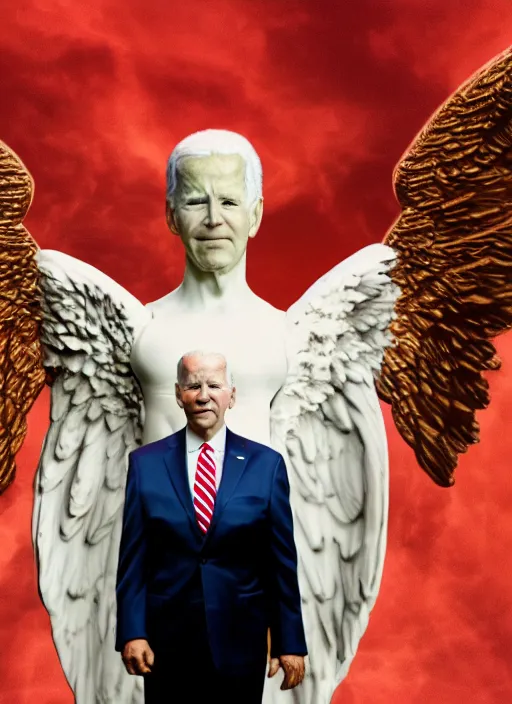 Image similar to hyper realistic ultra realistic biblically accurate angel photo furious glowing red eyes biden, high quality photo, detailed , 8k