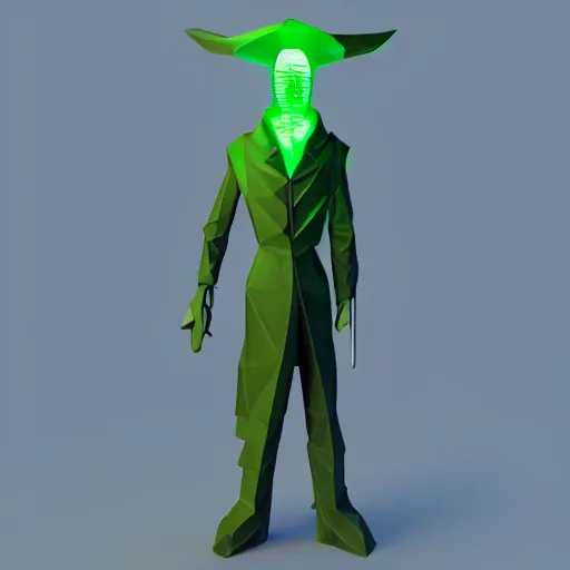 Image similar to blender render, torso of a low poly cyberpunk plague doctor, simple colors, green glowing lines in his beak, plain background