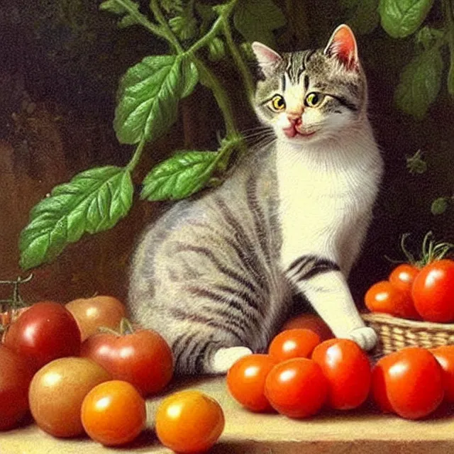 Prompt: cute cat harvests tomatoes in his garden, soft cute colors, classical painting, nice art, soft brush