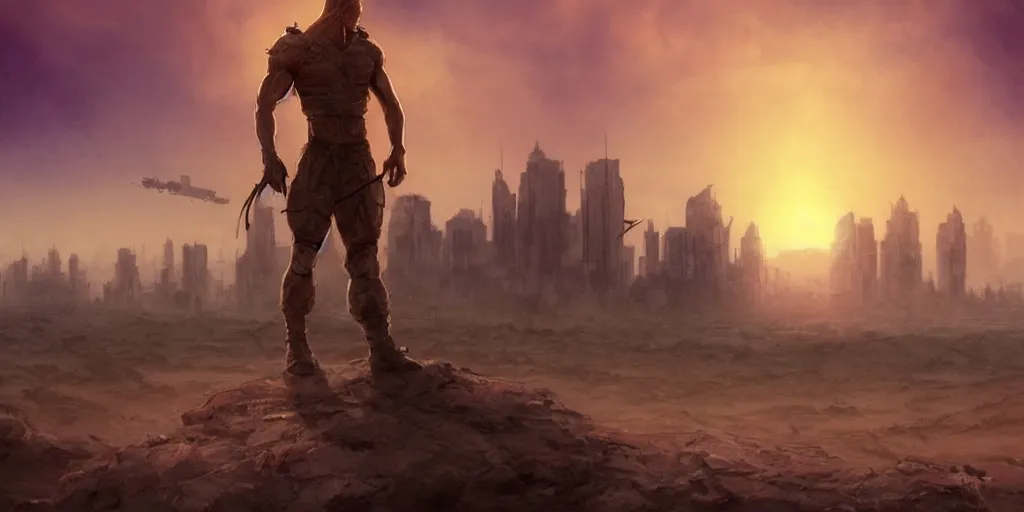 Image similar to detailed concept illustration, matte painting, strong muscular older soldier roaming through desert with city in the skyline, two suns, purple sky orange colors, ant aliens at the horizon, sharp focus, illustration, highly detailed, digital painting, concept art, matte, art by wlop and artgerm and greg rutkowski, masterpiece