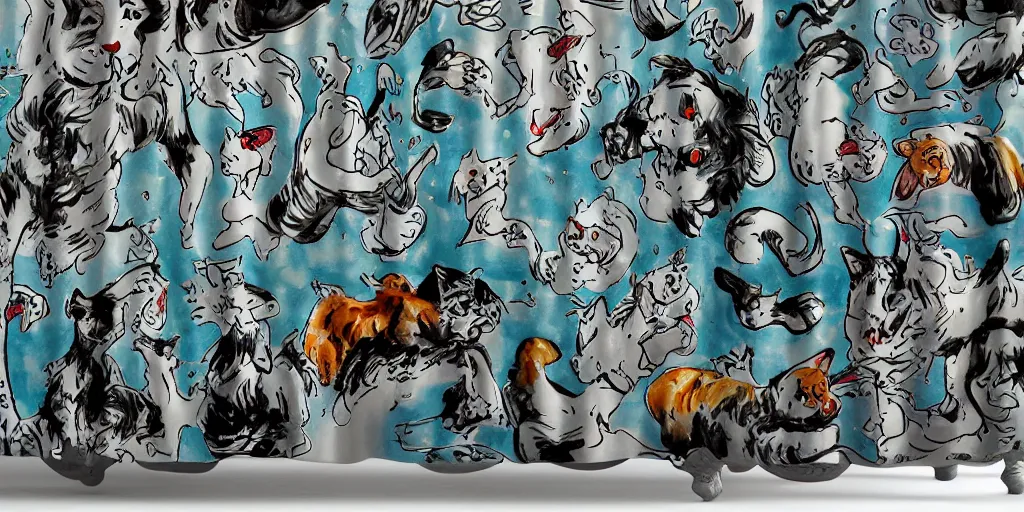 Image similar to shower curtain product catalog. wide - angle photo. on the curtain is a watercolor with ink under drawing of a low - angle hero - shot a cat toy being chased by a maine coon kitten. highly coherent, product photography of a shower curtain, product lighting. 4 k, highly detailed. saturated.