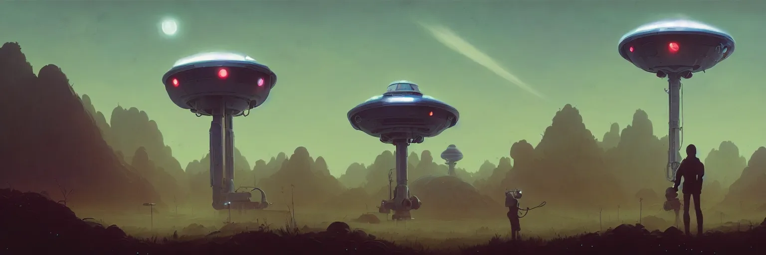 Image similar to ufo, by simon stalenhag, frank frazetta, greg rutkowski, beeple, yoko taro, christian macnevin, beeple, wlop and krenz cushart, epic fantasy character art, volumetric outdoor lighting, midday, high fantasy, cgsociety, full length, exquisite detail, post - processing, masterpiece, cinematic