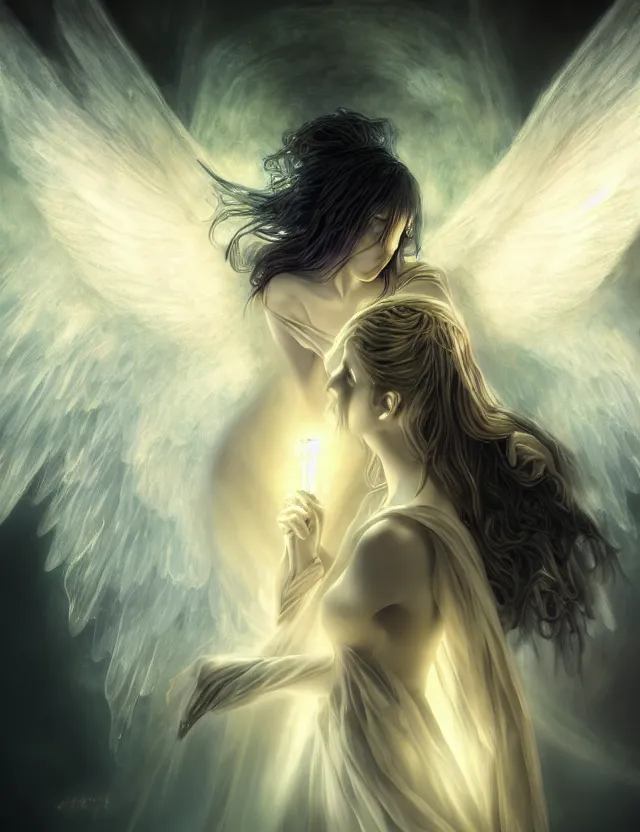 Prompt: angel knight, gothic girl, complex, centered, amazing composition by amano yoshitaka, rembrandt, famous makinami, digital art, digital painting, artstation trends, unreal engine, fractal flame, transparent wings, beautiful light and shadows, glow, complex, elegant, abundance, concept art, digital painting