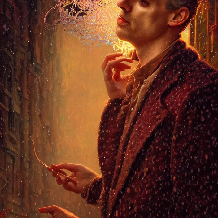 Image similar to psychedelic snowfall Jordan Peterson, diffuse lighting, fantasy, intricate, elegant, highly detailed, lifelike, photorealistic, digital painting, artstation, illustration, concept art, smooth, sharp focus, art by John Collier and Albert Aublet and Krenz Cushart and Artem Demura and Alphonse Mucha