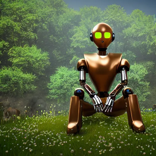 Image similar to 3d render of cel-shaded friendly robot sitting cross-legged with its head down on a small hill, in a fantasy forest with blooming trees and surrounded my wildlife, river flowing beside the robot, 4k, highly detailed, Unreal Engine, octane render, trending on artstation