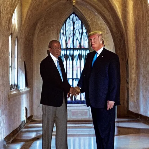 Image similar to lucider and donald trump in a monastery