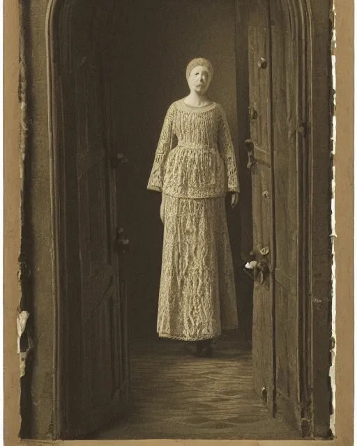 Image similar to a woman standing in a doorway, made of intricate decorative lace leaf, in the style of the dutch masters and gregory crewdson, dark and moody