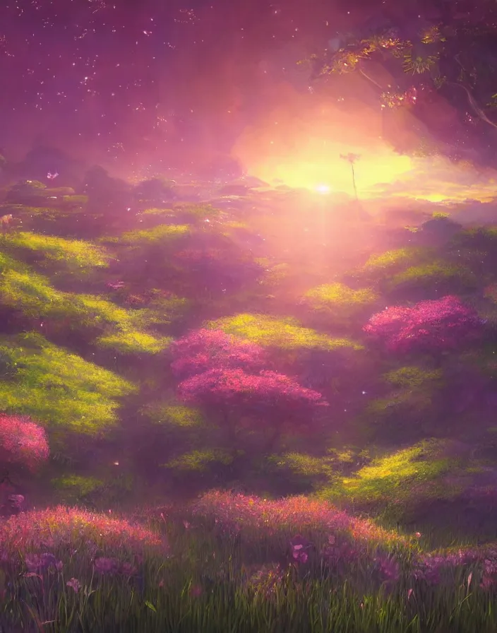 Prompt: beautiful bedroom filled with glowing grass and glowing flowers and glowing fireflies at sunset, high quality, 4k. aesthetic, environment concept art, daytime ethereal anime, high detail Impressionist style, dreamy light color palette, style of studio ghibli and moebius, concept art stunning atmosphere, trending on artstation, volumetric light