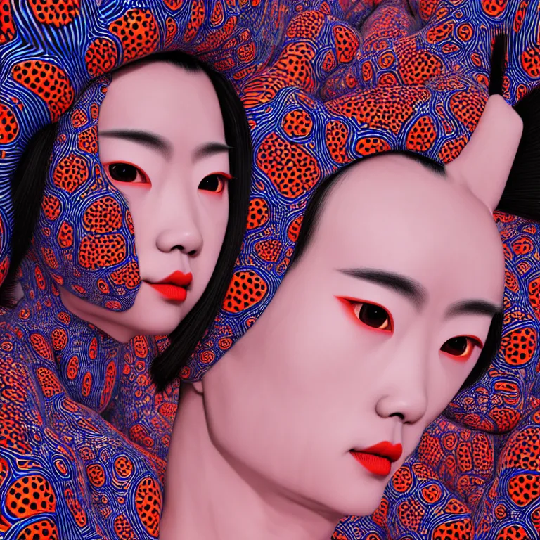 Image similar to hyperrealistic detailed image of a geisha in a art installation room, hd smooth interior by yayoi kusama, part by kei mieno, part by ross tran, dark art by james jean, ultra realistic, highly detailed, life like face, detailed body, 8 k, 3 d render by roger magrini, very cohesive, masterpiece