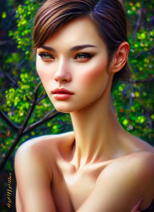 Image similar to photo of a gorgeous female in the style of stefan kostic, realistic, half body shot, sharp focus, 8 k high definition, insanely detailed, intricate, elegant, art by stanley lau and artgerm, extreme bokeh light spring foliage