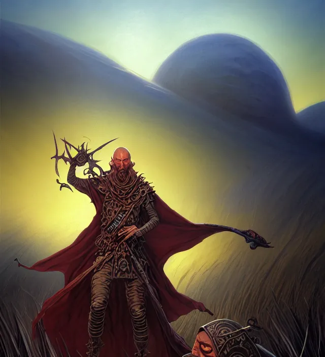 Image similar to a defiler wizard upon the dunes, the art of athas,'dark sun'- campaign setting, brom's dark sun art on a 7 0's style fantasy novel cover, digital painting by brom, amazingly detailed d & d art, concept art, intricate details, beautiful, volumetric lighting, ultrarealistic, cgsociety, artstation