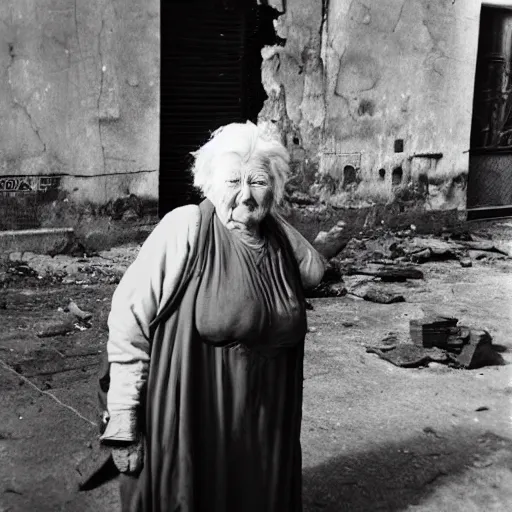 Image similar to realistic black and white old photo of a giant very old woman on destroyed city, full body, short dof, extremely cute, large head, hyper realistic, minutely detailed