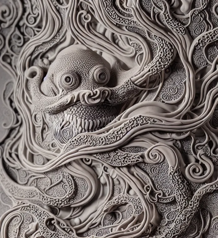 Prompt: Kraken, A Close up photo-real delicate ceramic porcelain sculpture of a symmetrical ornate detailed in front of an intricate background by Victo Ngai and takato yamamoto, micro detail, backlit lighting, face in focus, subsurface scattering, translucent, thin porcelain, octane renderer, colorful, physically based rendering, japanese pottery, trending on cgsociety