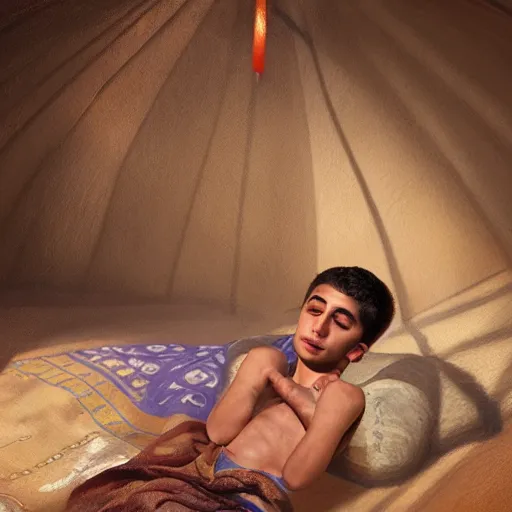 Image similar to Beautiful hyperrealistic detailed matte portrait painting of 12 year old middle eastern skinned boy with short hair and Biblical clothing sleeping. Interior of ancient tent. Nightime. Light rays shine onto his body. post processing, ultra detailed, trending on artstation