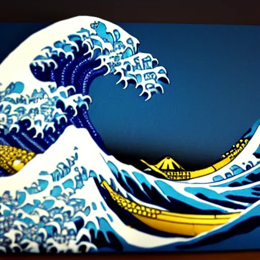 Image similar to the great wave off kanagawa made of lego, soft lighting