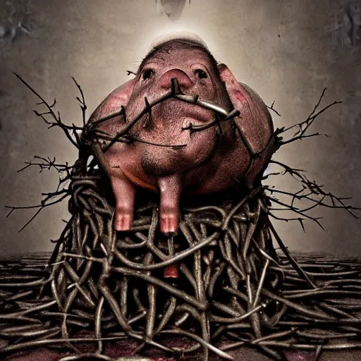 Image similar to a highly detailed realistic photographic render of dead souls worshipping a severed head of a pig with crown of thorns , dead souls, religious sculpture, creepy, cinematic lighting, cinematic scene, Volumetric lighting, Atmospheric scene, Dark, Horror, Atmospheric lighting, Global illumination, realistic, photo realism, hyper realistic, hyper realism, photo realisitc, cinematic render, film, beautifully lit, ray traced, octane 3D render, octane render, unreal engine