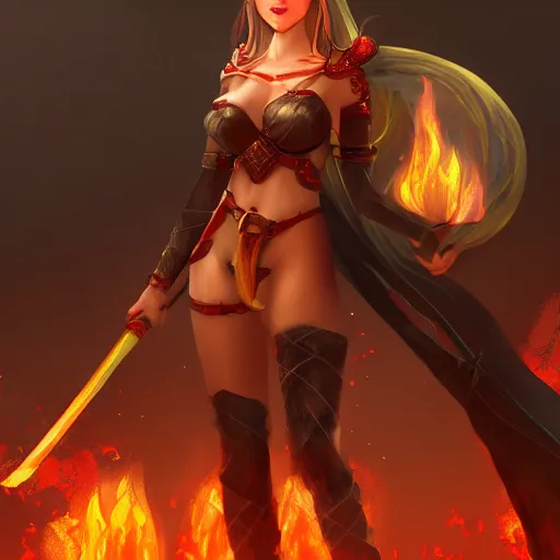 Image similar to Fire giantess, **giving lap pillow**, fire in hand, warrior queen, concept art, artstation, 4k