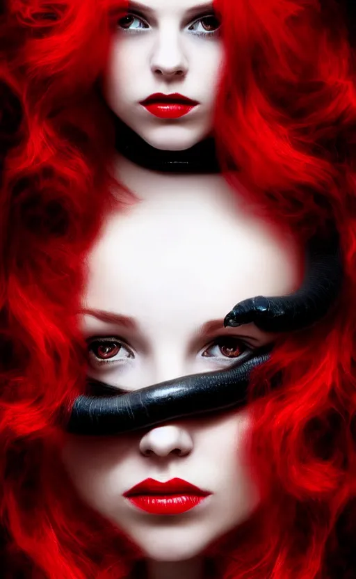 Prompt: portrait of a girl with long red hair in a black dress, snake, in black roses, under red water, very beautiful style, girl wrapped in black leather, photorealism, edgard maxens,