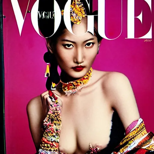 Prompt: a beautiful professional photograph by hamir sardar, herb ritts and ellen von unwerh for the cover of vogue magazine of a beautiful and unusually attractive tibetan female fashion model looking at the camera in a flirtatious way, zeiss 5 0 mm f 1. 8 lens