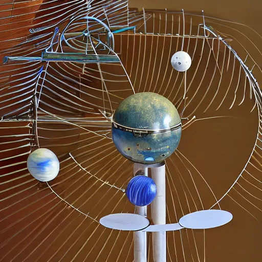 Image similar to a kinetic sculpture of this solar system, sun, orrery, canon 5 d 5 0 mm lens, papier - mache, studio, 1 9 6 3