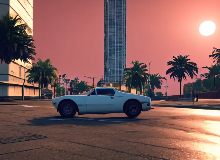 Prompt: still next - gen ps 5 game grand theft auto 6 2 0 2 4 remaster, graphics mods, rain, red sunset, people, rtx reflections, gta vi, miami, palms and miami buildings, photorealistic screenshot, unreal engine, 4 k, 5 0 mm bokeh, close - up generic sports car, gta vice city remastered, artstation