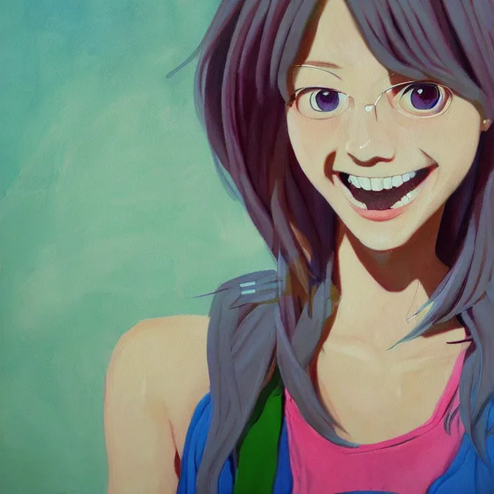 Image similar to nice quality and nice everything painting of a nice portrait of the popular girl at the psych ward laughing at the viewer, the style is like Watamote rendered with 3D effect.