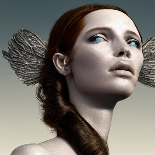 Prompt: A young beautiful female angelic-extraterrestrial-cyborg face with a very long neck, big clear eyes, thin nose, big lips, hair floating in the wind, Realistic, Refined, Digital Art, Pre-Raphaelite, Highly Detailed, Cinematic Lighting, rim light, black and white, high contrast, hyper real, photo-realistic Unreal Engine, 8K