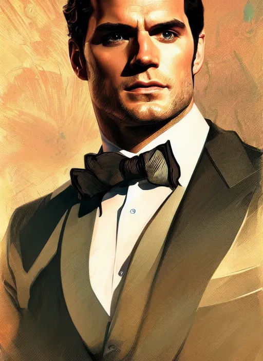 Image similar to portrait of henry cavill as james bond, key art, palm trees, vintage aston martin, highly detailed, digital painting, artstation, concept art, cinematic lighting, sharp focus, illustration, by gaston bussiere alphonse mucha