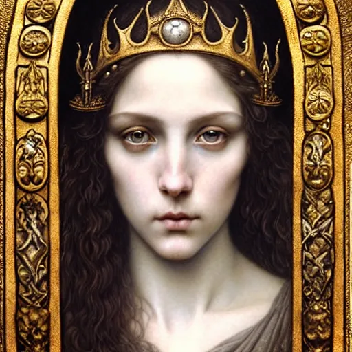 Image similar to detailed realistic beautiful young medieval queen face portrait by jean delville, tom bagshaw, brooke shaden, gustave dore and marco mazzoni, art nouveau, symbolist, visionary, gothic, pre - raphaelite, ornate gilded medieval icon, surreality, ethereal, unearthly, haunting, celestial, neo - gothic, ghostly, memento mori, enigmatic