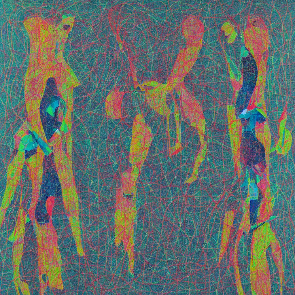 Prompt: two human figures anxiety, smiling, abstract, maya bloch artwork, ivan plusch artwork, cryptic, lines, stipple, dots, abstract, geometry, splotch, concrete, color tearing, uranium, acrylic, hints of color, pitch bending, faceless people, dark, ominous, eerie, minimal, points, technical, painting