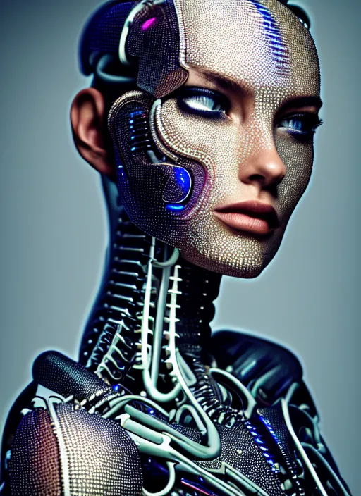 Image similar to a stunning young female cyborg profile face, face is made intricate tribal bio - mechanical, editorial photography, schlieren, depth of field, f / 2. 8, high contrast, 1 6 k, rays of shimmering light, volumetric lighting, shiny, insanely detailed and intricate, hypermaximalist, elegant, ornate, hyper realistic, super detailed