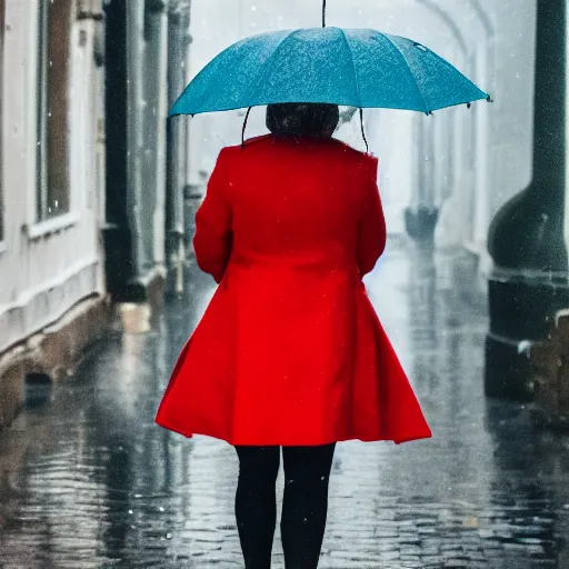 Image similar to woman with red coat and cyan umbrella