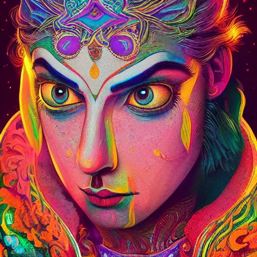 Prompt: An extremely psychedelic experience, colorful, surreal, dramatic lighting, Krishna, LSD, face, intricate, elegant, highly detailed, digital painting, artstation, concept art, smooth, sharp focus, illustration, art by Sam Spratt, Dan Mumford, Artgem and Alphonse Mucha, chromostereopsis