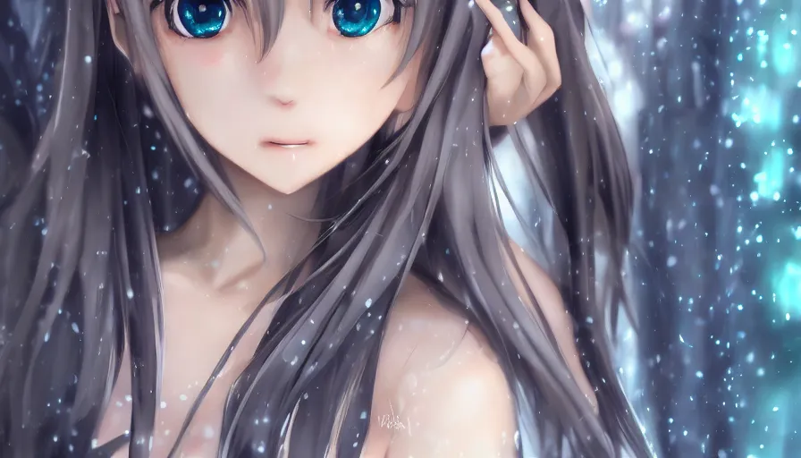 Image similar to cute anime girl by wlop, detailed eyes, heterochromia, bright eyes, closeup, happy expression, short minidress, light clothing, light rain, hyper real, detailed digital art, hatsune miku, photorealistic