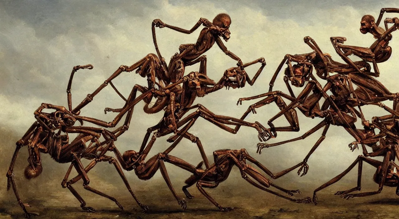 Image similar to 7 monkeys riding giant biomechanics ants, by most renowned artist of the romanticism, hiperrealism,