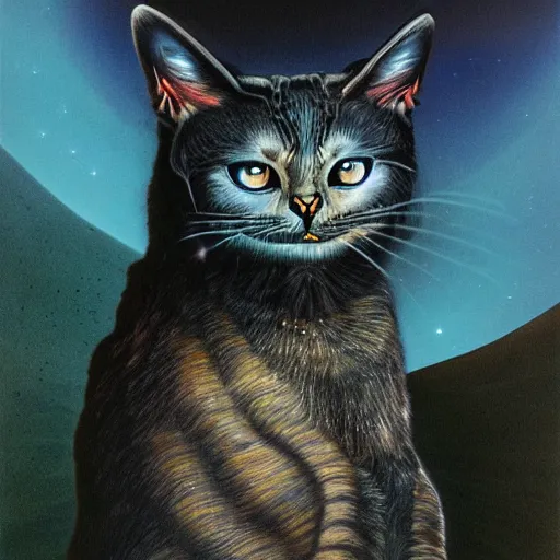 Image similar to the illuminated mystic dark cat, softly lit from behind like a Catholic saint portrait, full moon night, in the desert. Portrait by Paul Bonner, oil on canvas