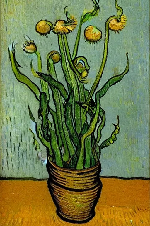 Image similar to Fiddleheads, painted by Vincent Van Gogh (1890), oil on canvas, detailed brushstrokes