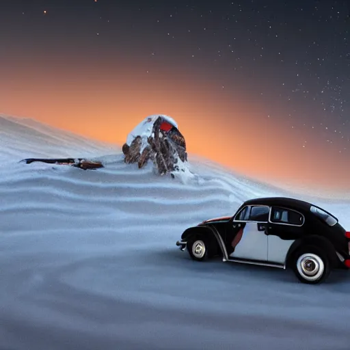 Image similar to extreme long shot of a 1970 vw beetle standing on mount everest, award winning photo, snow, high detail, desolate, atmospheric, 8k, Asher Durand, intricate artwork by Tooth Wu and wlop and beeple and dan mumford and greg rutkowski and nekroxiii. halo. octane render, cinematic, hyper realism, octane render, 8k, depth of field, bokeh