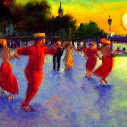 Prompt: impressionist painting of salsa dancers near the seine at sunset